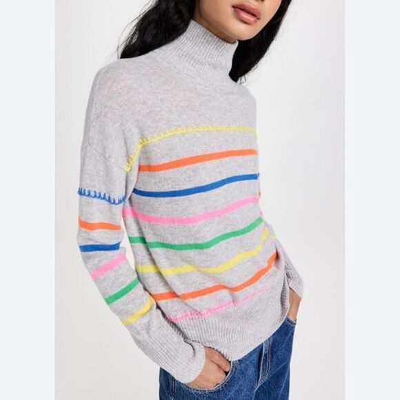 Autumn Cashmere Multi Colored Cashmere Breton Stripe Mock With Blanket Stitch - Picture 2 of 8